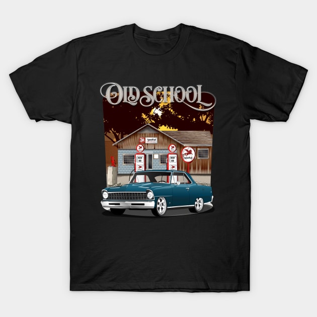 1967 Blue Chevrolet Nova Old School Print T-Shirt by RPM-ART